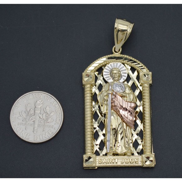 Real Solid 10K Tricolor Gold Saint Jude Medallion Diamond Cut Pendant 9.6gr - Picture 3 of 8